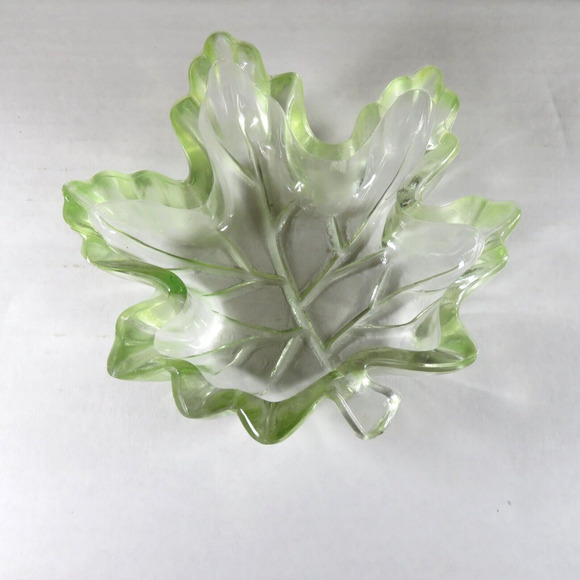 Glass Candy Dish Maple Leaf Green Transparent Heavy 5 x 6 inch Fall Leaves - Picture 4 of 8